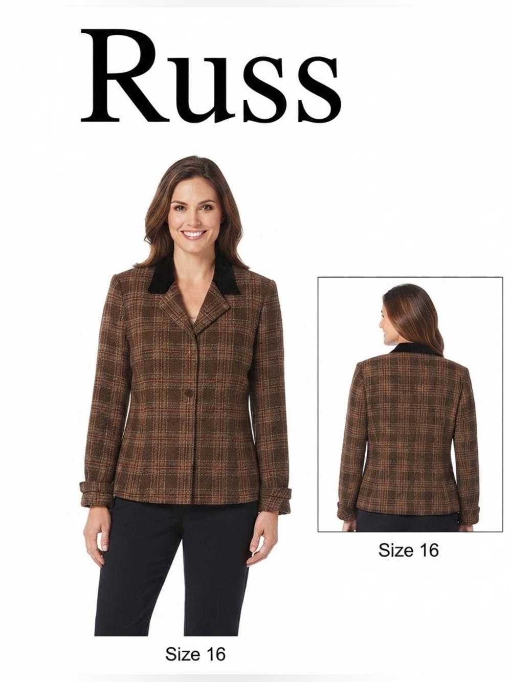 Vintage Russ by Liz Claiborne Textured Blazer Velvet Collar Shoulder Pads 16